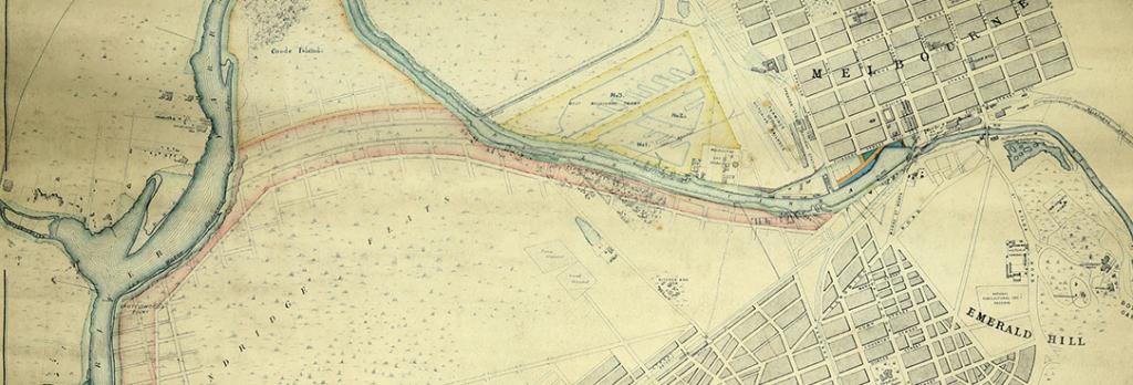 Figure 3: This plan shows the course of the Coode Canal relative to the natural course of the river and the swamp west of the Melbourne city grid as proposed by John Coode in 1879, PROV, VPRS 7664/P1, Melbourne Harbour Showing Harbour Improvements (1879) (detail).